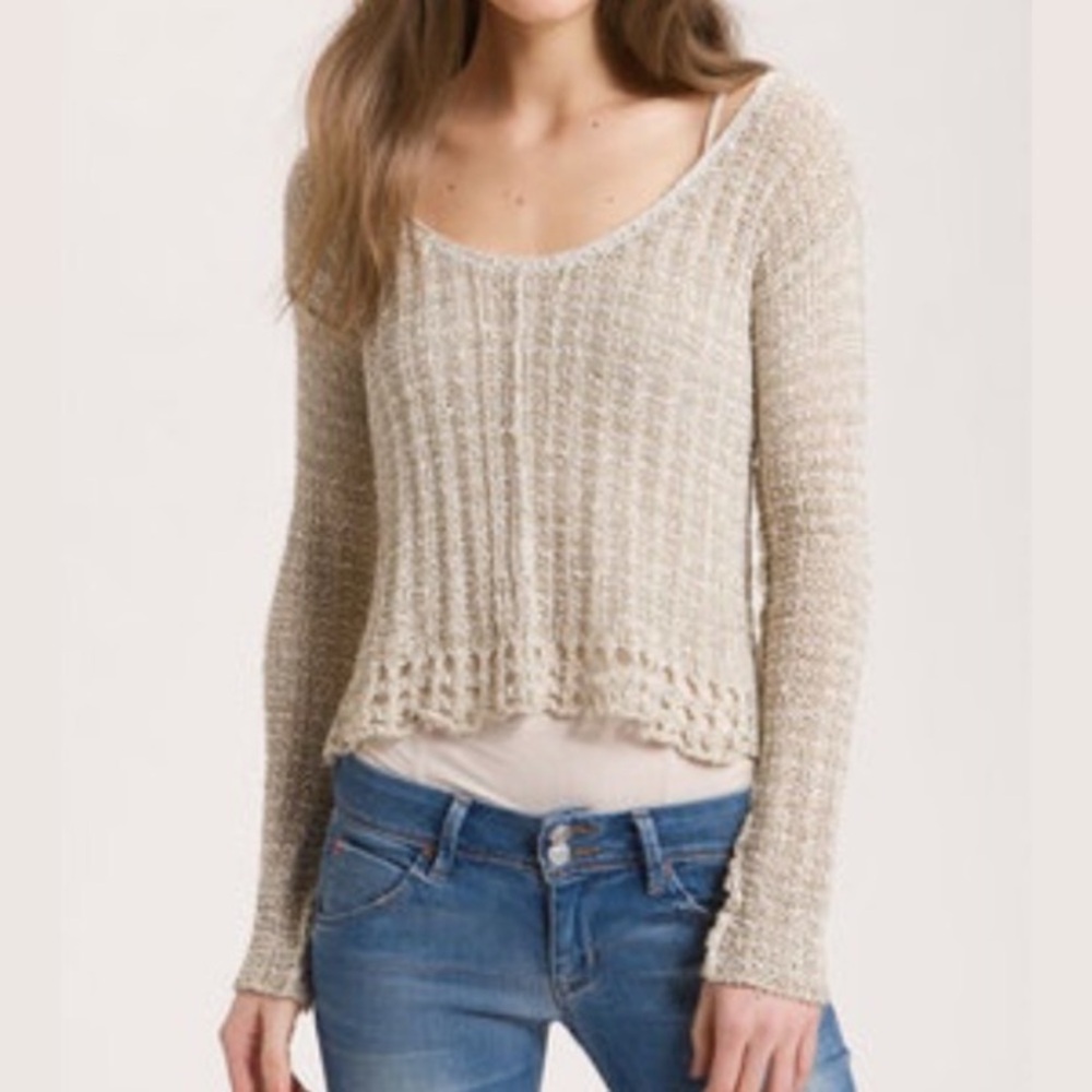Free People Scoop Neck Cropped Knit Sweater in Beige